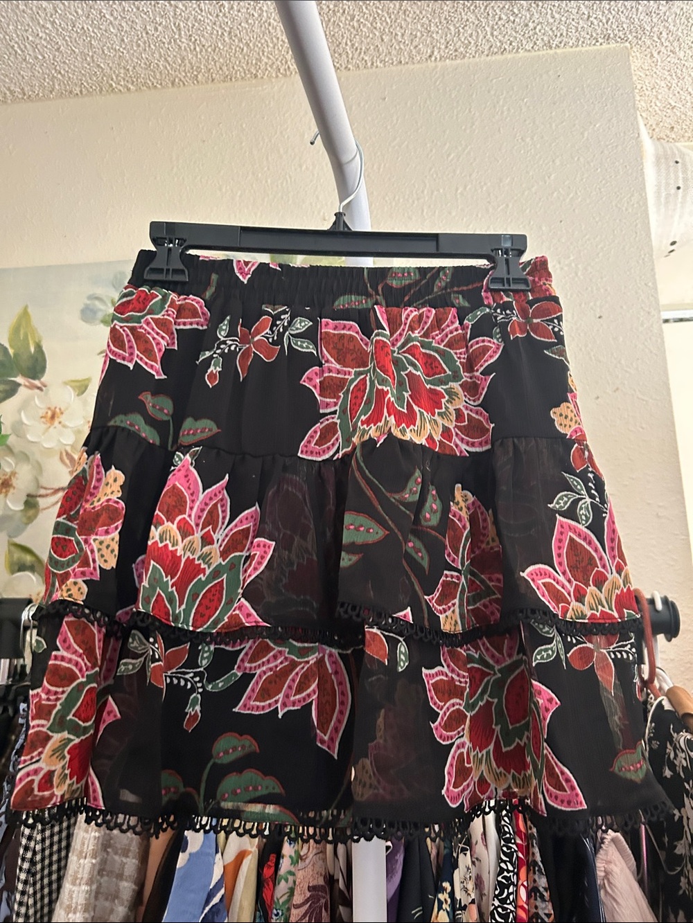 Black Floral Tiered Mini Skirt